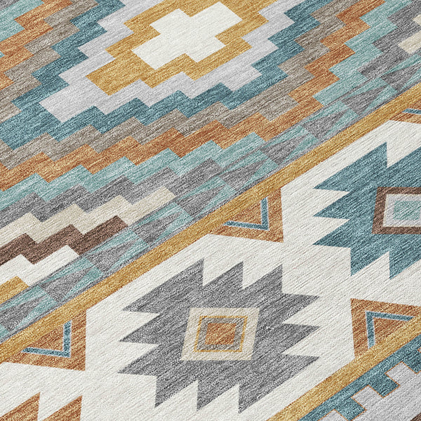 Southwestern Geometric Washable Polyester Area Rug in Gold Teal for Indoor Outdoor Spaces