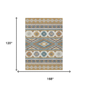 Southwestern Geometric Washable Polyester Area Rug in Gold Teal for Indoor Outdoor Spaces