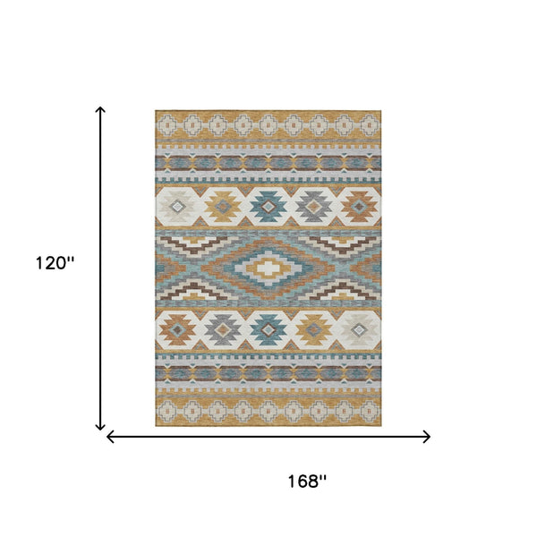 Southwestern Geometric Washable Polyester Area Rug in Gold Teal for Indoor Outdoor Spaces