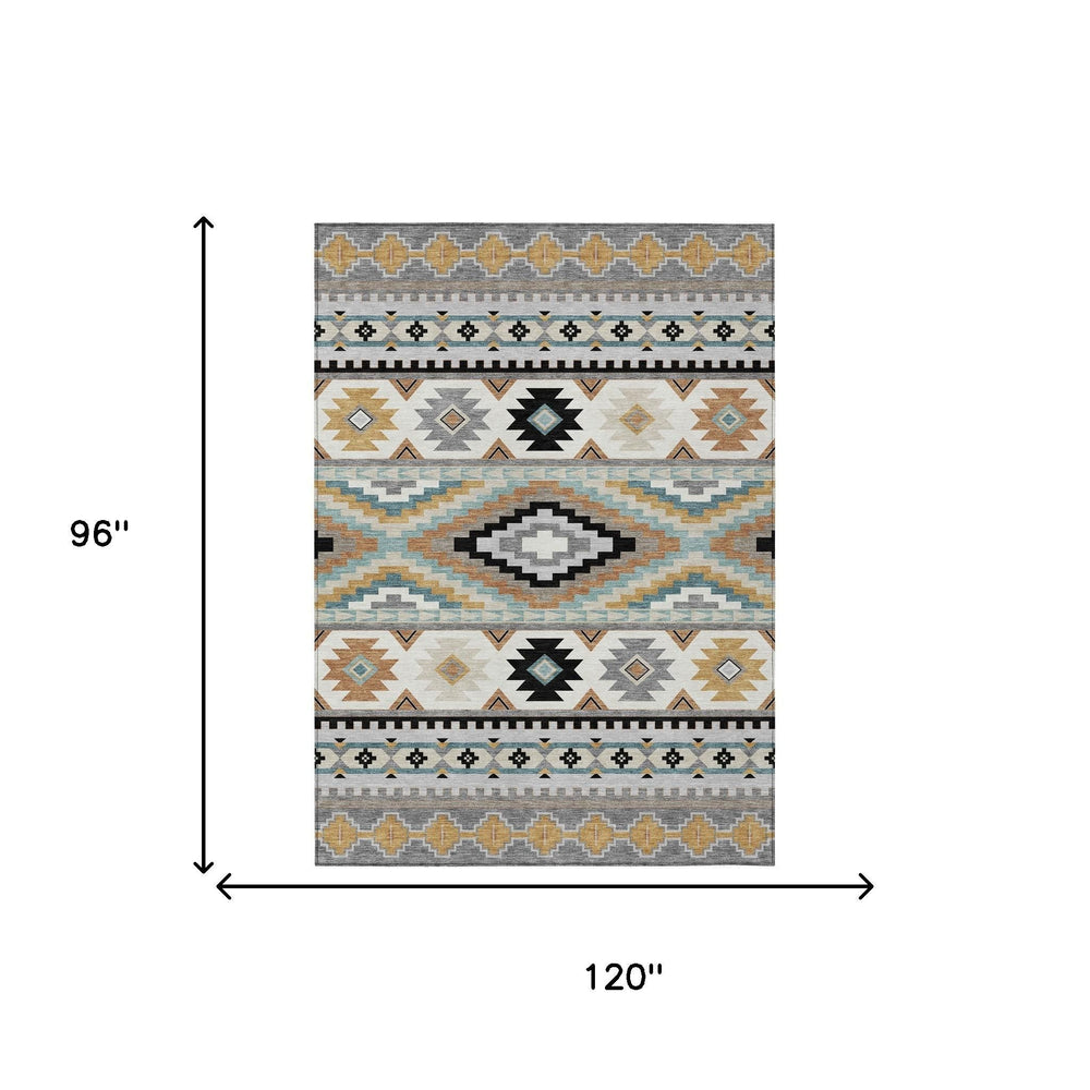 HomeRoots 8x10 Southwestern Polyester Area Rug Machine Washable Indoor Outdoor Gray Patio 729728
