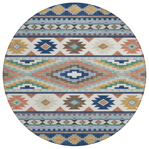 8 Foot Round Southwestern Geometric Polyester Rug Washable Indoor Outdoor Navy Blue