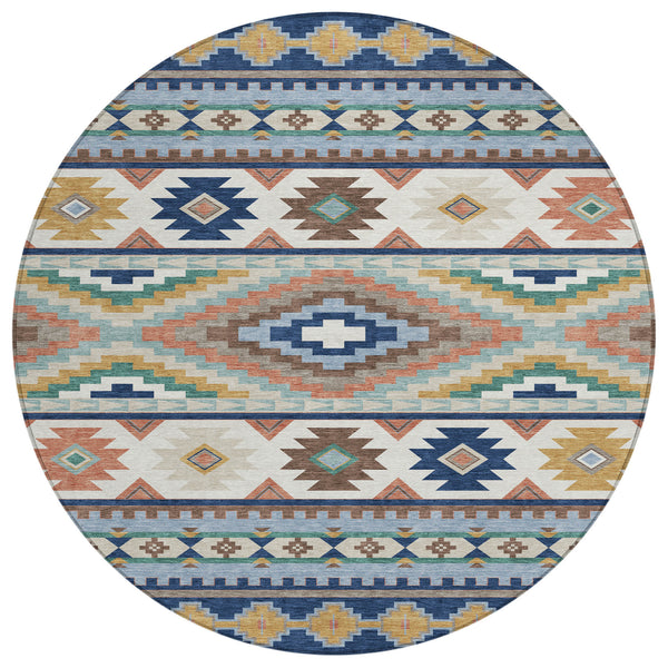 8 Foot Round Southwestern Geometric Polyester Rug Washable Indoor Outdoor Navy Blue