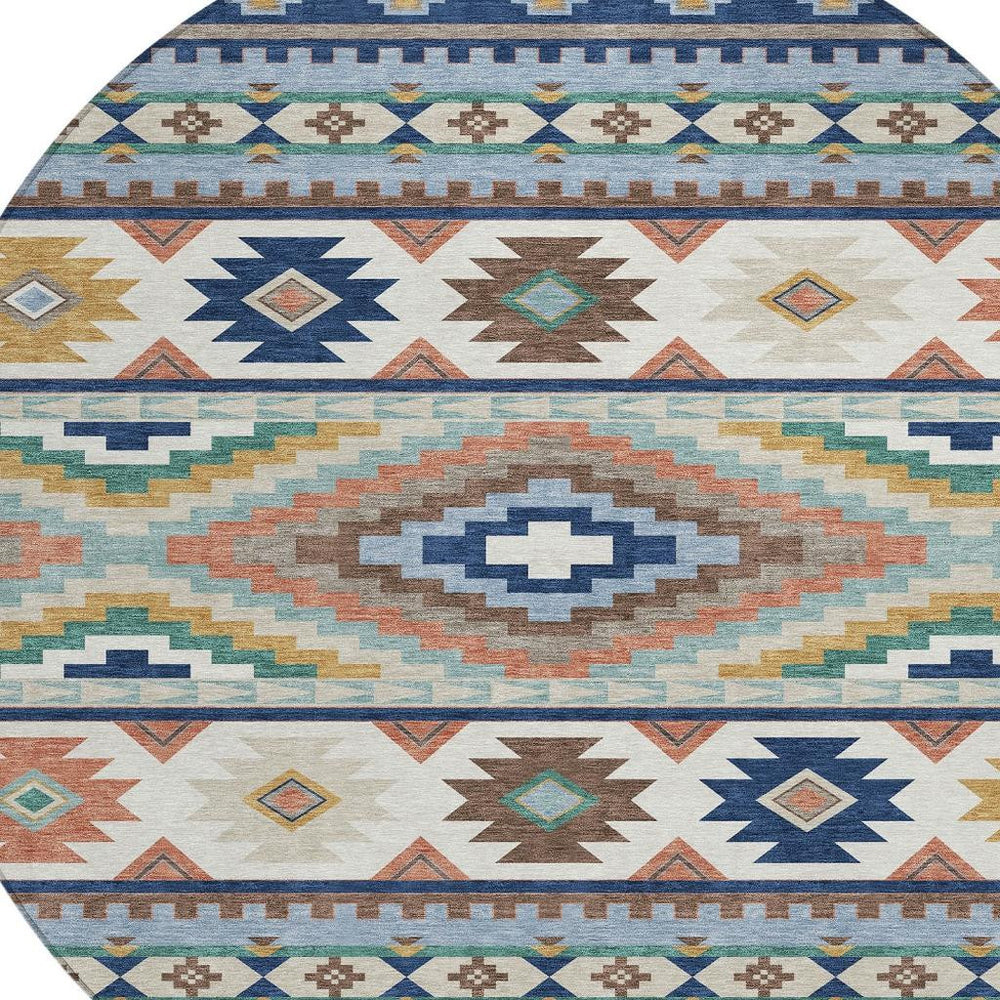 HomeRoots 8 Foot Round Southwestern Geometric Polyester Rug Washable Indoor Outdoor Navy Blue 729739