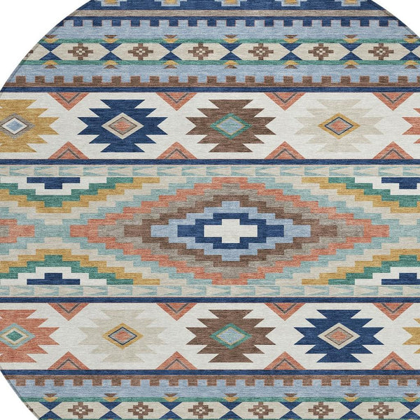 HomeRoots 8 Foot Round Southwestern Geometric Polyester Rug Washable Indoor Outdoor Navy Blue 729739