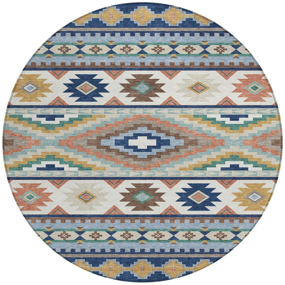 HomeRoots 8 Foot Round Southwestern Geometric Polyester Rug Washable Indoor Outdoor Navy Blue 729739