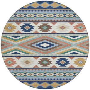 8 Foot Round Southwestern Geometric Polyester Rug Washable Indoor Outdoor Navy Blue
