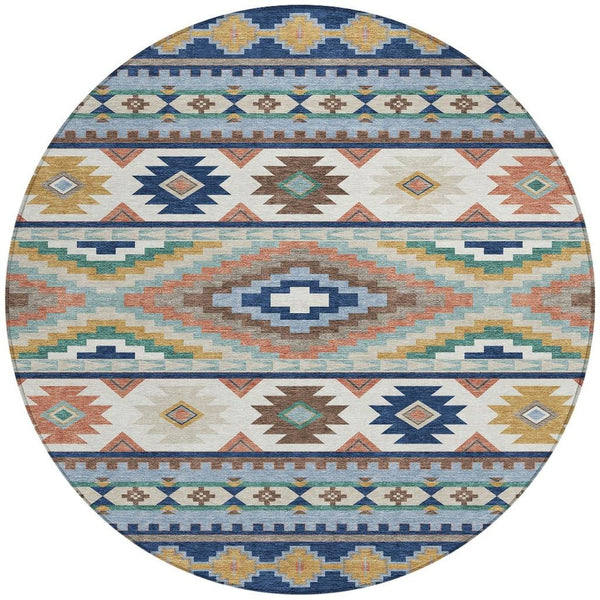 8 Foot Round Southwestern Geometric Polyester Rug Washable Indoor Outdoor Navy Blue