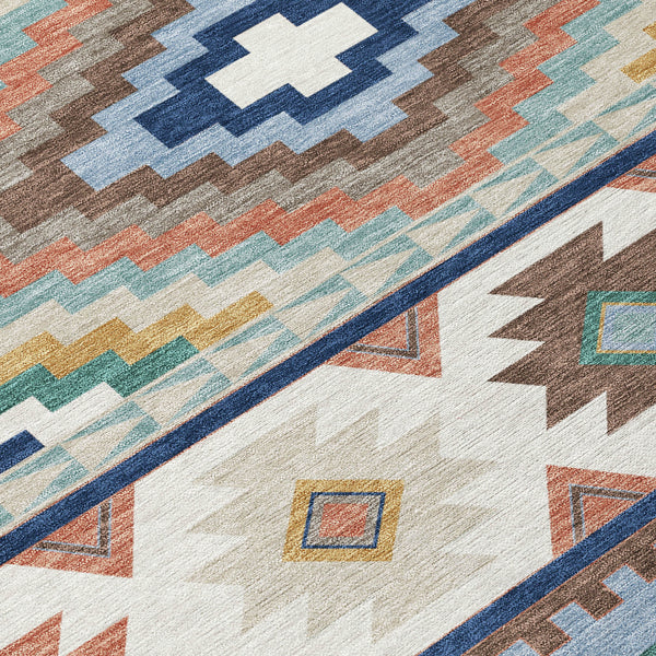 8 Foot Round Southwestern Geometric Polyester Rug Washable Indoor Outdoor Navy Blue