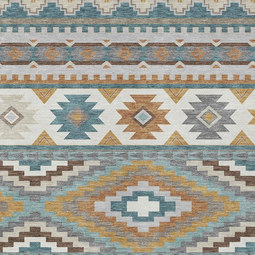 HomeRoots 8 Ft X 10 Ft Southwestern Polyester Area Rug Washable Indoor Outdoor Teal Ivory 729752