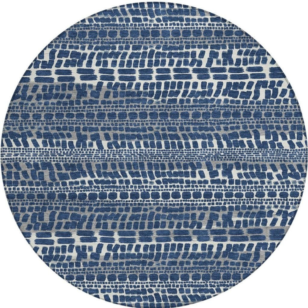 8 Ft Round Abstract Geometric Polyester Area Rug Navy Gray Washable Indoor Outdoor