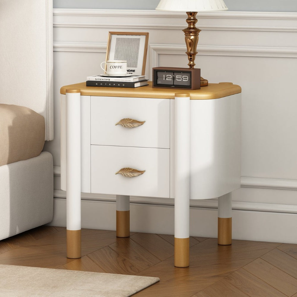 English Elm Contemporary Two Drawer Nightstand Curved Profile Feather Handles Exposed Legs Bedroom White N761P285711W
