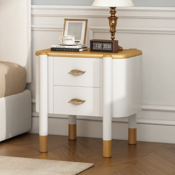 English Elm Contemporary Two Drawer Nightstand Curved Profile Feather Handles Exposed Legs Bedroom White N761P285711W