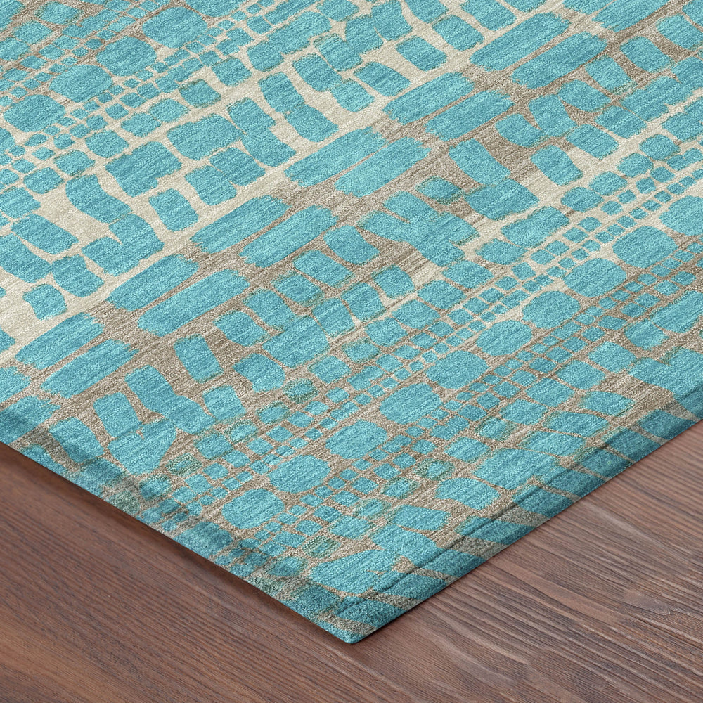 8 Foot Round Abstract Teal Polyester Washable Rug for Patio Porch or Living Room