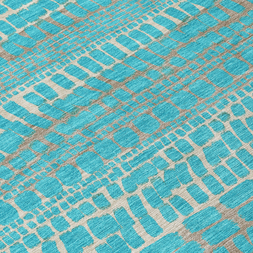 8 Foot Round Abstract Teal Polyester Washable Rug for Patio Porch or Living Room