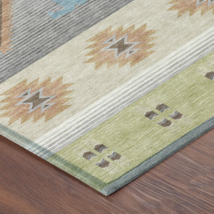 Southwestern Geometric Washable Polyester Indoor Outdoor Area Rug with Earthy Tones Felt Back