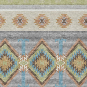 Southwestern Geometric Washable Polyester Indoor Outdoor Area Rug with Earthy Tones Felt Back