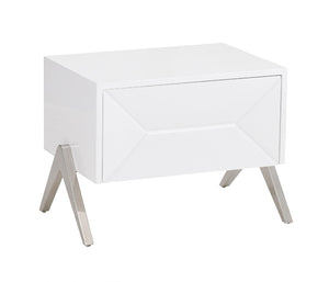 VIG Furniture Candid High-Gloss White Nightstand With Stainless Steel V-Legs, Drawer Storage, Ready-To-Use Elegance VGVCN1109