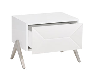 VIG Furniture Candid High-Gloss White Nightstand With Stainless Steel V-Legs, Drawer Storage, Ready-To-Use Elegance VGVCN1109