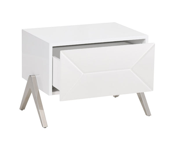 VIG Furniture Candid High-Gloss White Nightstand With Stainless Steel V-Legs, Drawer Storage, Ready-To-Use Elegance VGVCN1109