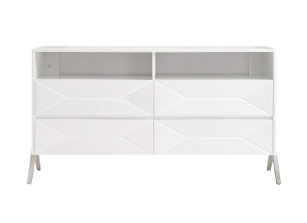 VIG Furniture Candid Modern White Dresser With High-Gloss Finish, 4 Drawers, Open Niches & Stainless Legs — Sleek Storage VGVCJ1109-D