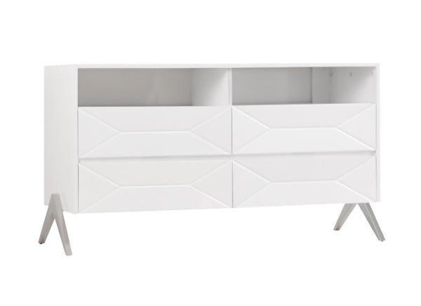 VIG Furniture Candid Modern White Dresser With High-Gloss Finish, 4 Drawers, Open Niches & Stainless Legs — Sleek Storage VGVCJ1109-D