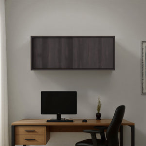 English Elm Note Floating Wall Cabinet Sliding Doors Slim Enclosed Storage for Office or Bedroom Dark Walnut B200P462886