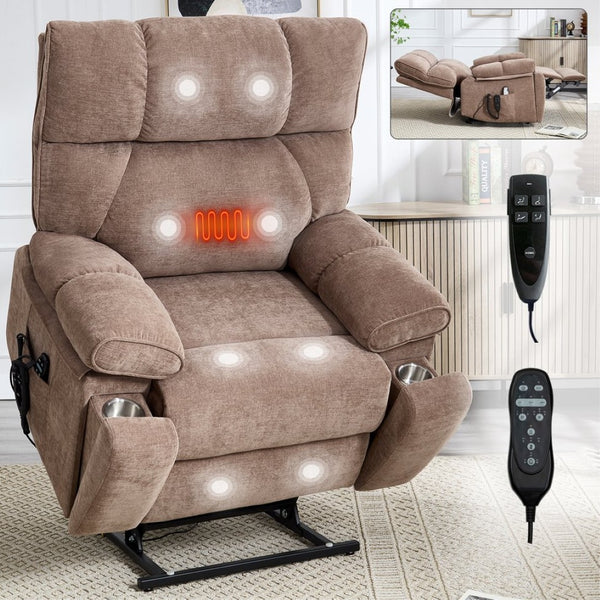 English Elm Beige Chenille Power Lift Recliner Dual Motor Massage Heat 350 Lb Capacity Brown W1803P264024