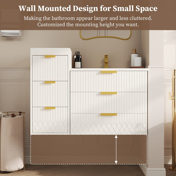 English Elm 24inch Bathroom Vanity with Sink - Wall-Mounted Floating Combo with Ceramic Basin, Modern L-Handle Design White N710S324097K