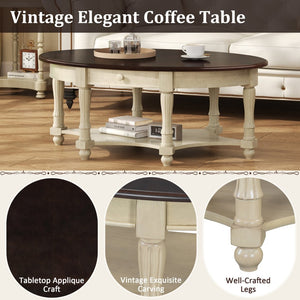 English Elm Vintage Oval Coffee Table With Drawer & Storage Shelf - French Country Charm For Living Rooms N735P277388K-GIGA