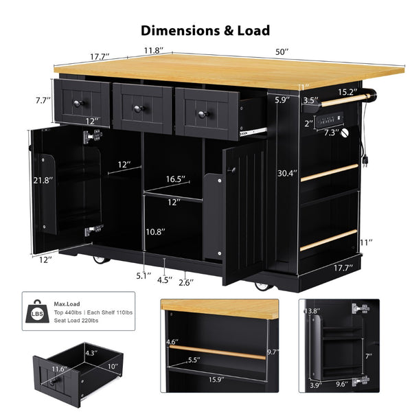 English Elm K&k 53 Inch Rolling Kitchen Island with Drop Leaf Power Outlet and Open Storage Racks Black N707S185531B