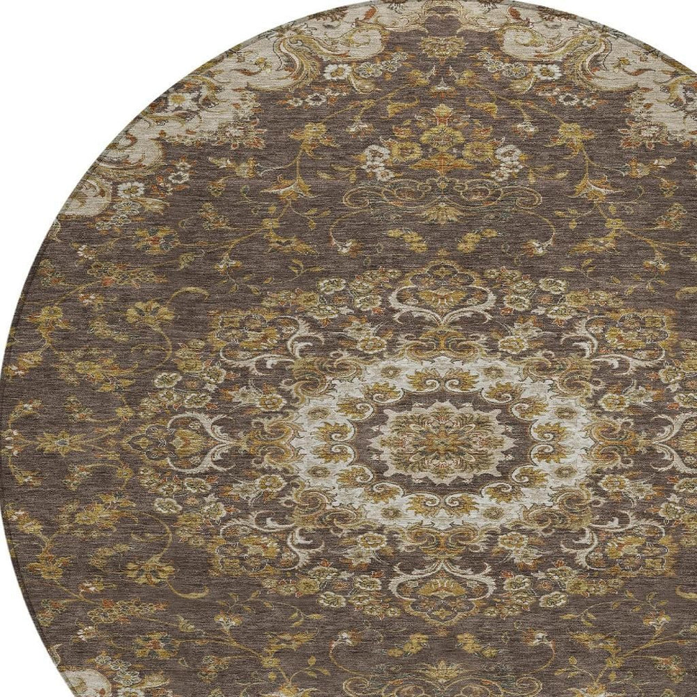 HomeRoots 8 Ft Round Floral Medallion Polyester Area Rug Washable Indoor Outdoor Patio Use 729913
