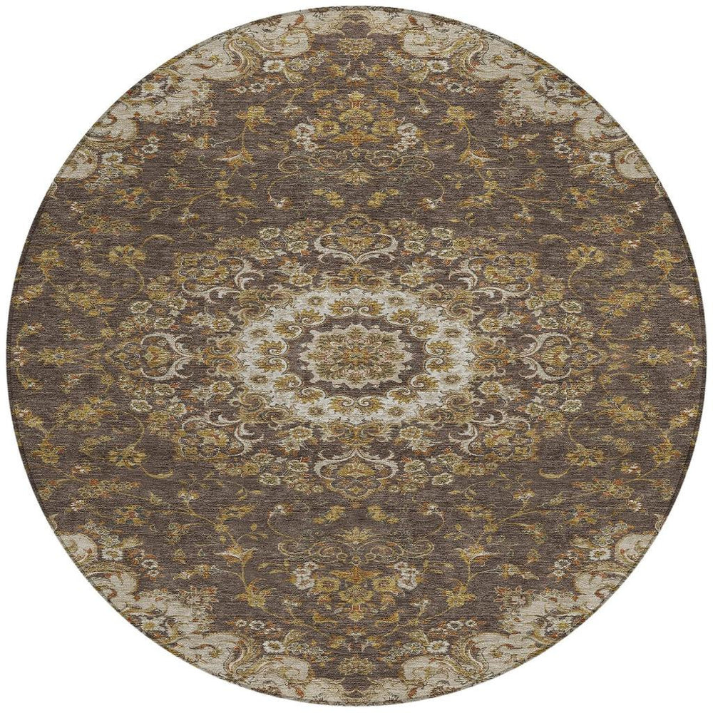 HomeRoots 8 Ft Round Floral Medallion Polyester Area Rug Washable Indoor Outdoor Patio Use 729913