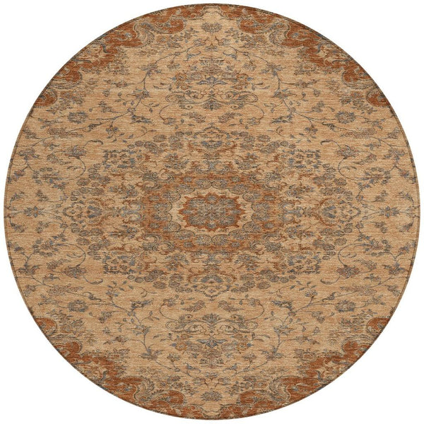 HomeRoots 8 Ft Round Floral Medallion Polyester Area Rug for Indoor Outdoor Spaces 729919