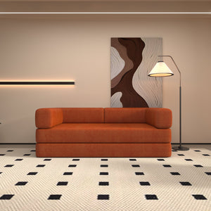 English Elm Convertible Floor Sofa Bed Orange Corduroy 3-Seat Sleeper with Cylindrical Pillow, Foldable Lounge W1960P411414