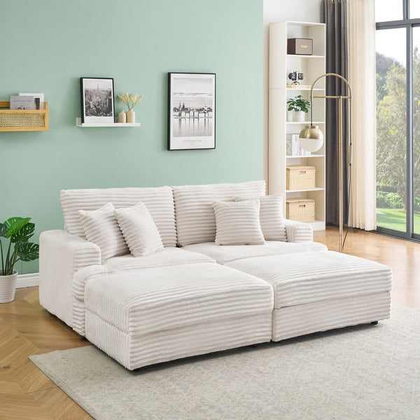 English Elm 82-Inch Beige Corduroy Sofa With 2 Storage Footrests & 4 Pillows - Perfect For Stylish Living Spaces! W1658S00116