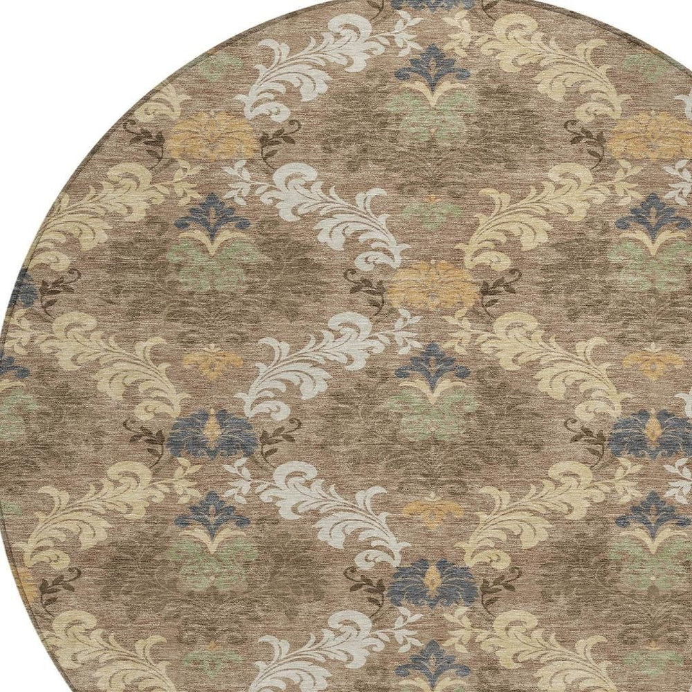 HomeRoots 8 Ft Round Damask Polyester Area Rug Washable Indoor Outdoor Brown Taupe 729990