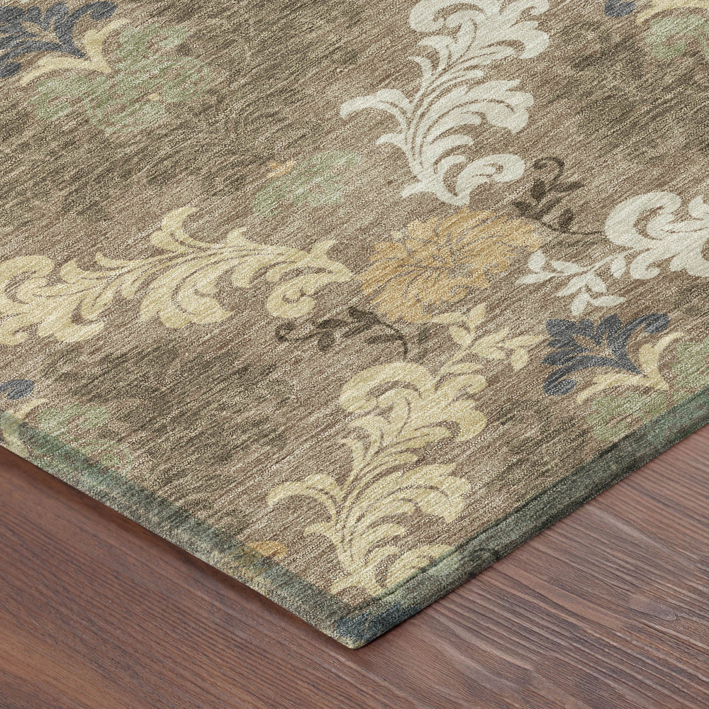 HomeRoots 8 Ft Round Damask Polyester Area Rug Washable Indoor Outdoor Brown Taupe 729990