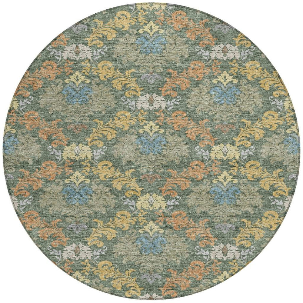 8 Ft Round Damask Indoor Outdoor Rug Washable Polyester Teal Green Patio Decor