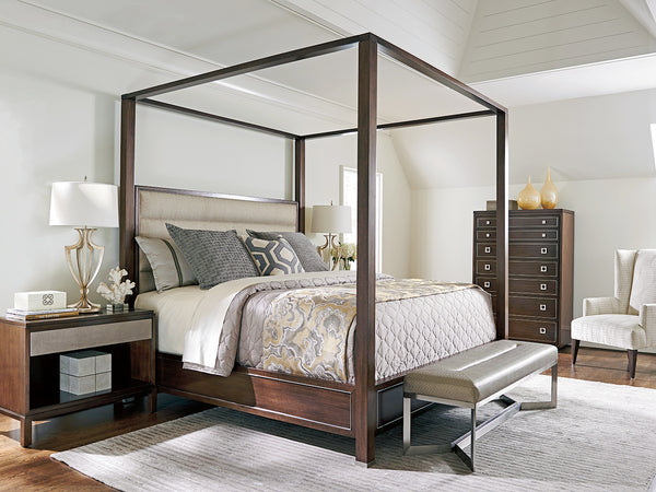 Lexington Terranea Elegant Poster Bed With Upholstered Headboard And Brushed Stainless Steel Inlays For Modern Luxury Farrington  729-174c