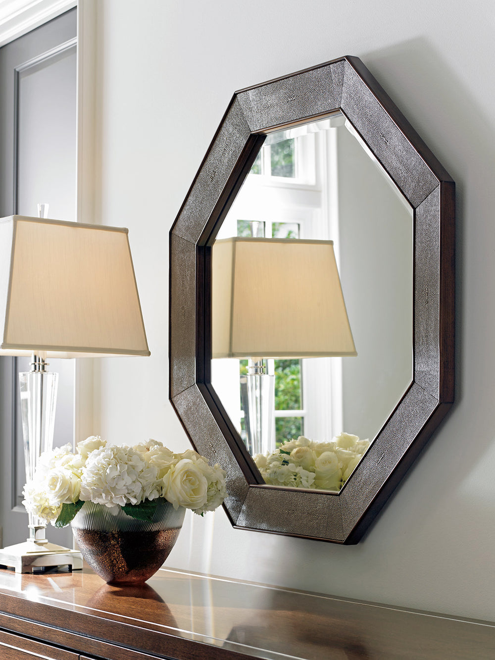 Lexington Riva Octagonal Mirror - Classic Contemporary Design With Faux Shagreen Panels And Walnut Frame Farrington  729-201
