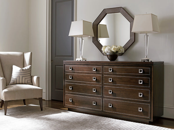 Lexington Riva Octagonal Mirror - Classic Contemporary Design With Faux Shagreen Panels And Walnut Frame Farrington  729-201