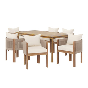 English Elm Christopher Knight Home® - Matera Teak+ Beige 7PC Outdoor Dining Set – Handwoven Rope Chairs, Ergonomic Cushions, Solid Acacia Veneer Table (Durable, Low-Maintenance) MATERA7PCDSET
