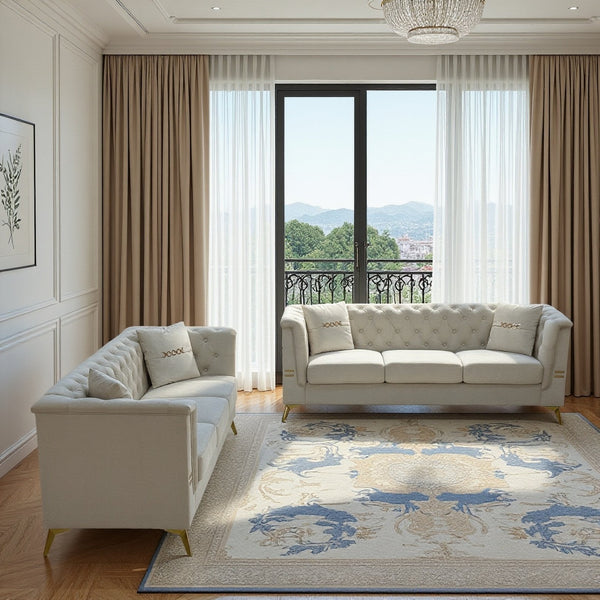 English Elm FX-P83-2PC Velvet Sofa Set of 2, Cream White 3-Seaters with Tufted Cushions & Gold Legs — Cozy Durable Elegance for Living Rooms W576S00237