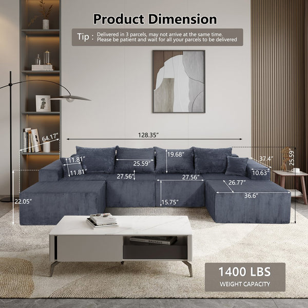 English Elm 6-Piece Modular U-Shaped Sectional Sofa with Chaise Convertible Corduroy Comfort and Secure Base Gray W3163S00039