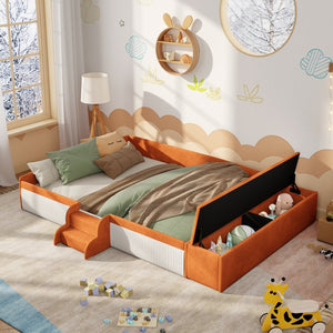 English Elm Queen Velvet Daybed with Built-in Stairs Gas Lift Storage and Padded Safety Rails Brown+White SF000203AAD