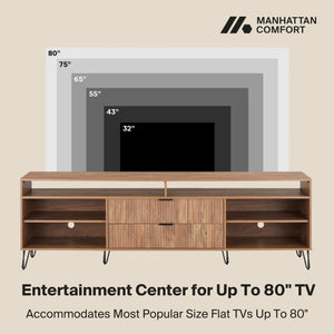English Elm Dumbo 85" Fluted TV Stand with Gold Legs, 2 Drawers & 6 Shelves, Wire Management, Easy Snap Assembly Brown B365P397924
