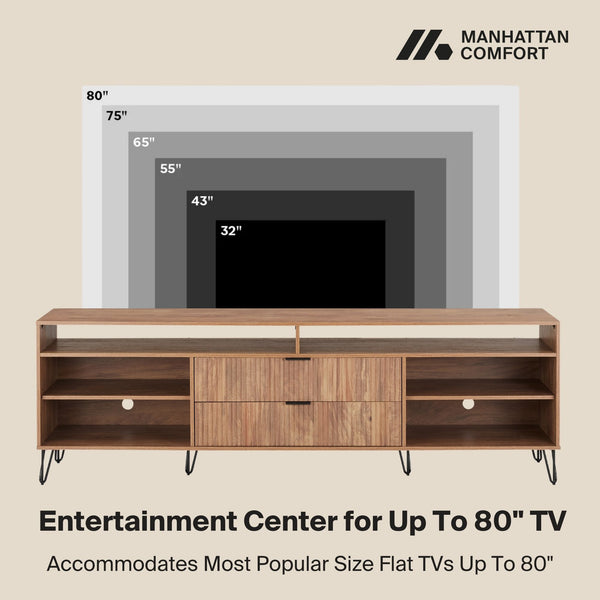 English Elm Dumbo 85" Fluted TV Stand with Gold Legs, 2 Drawers & 6 Shelves, Wire Management, Easy Snap Assembly Brown B365P397924