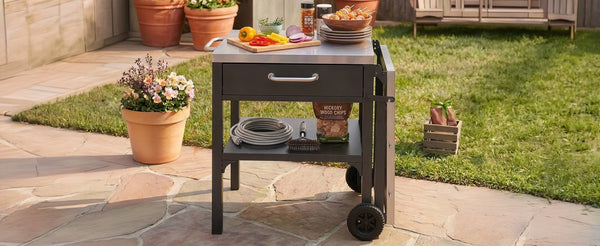 English Elm Outdoor Bbq Prep Cart Rolling Stainless Steel Grill Station with Foldable Work Surface Black N719P407403B