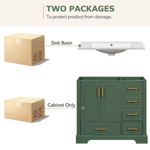 English Elm 36-inch Green Traditional Bathroom Vanity with Resin Sink, 2 Doors 4 Drawers, Gold Handles, Soft-Close hinges, 36"W x 18"D x 34"H SV000026AAF