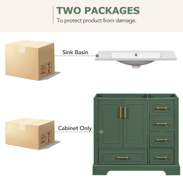 English Elm 36-inch Green Traditional Bathroom Vanity with Resin Sink, 2 Doors 4 Drawers, Gold Handles, Soft-Close hinges, 36"W x 18"D x 34"H SV000026AAF